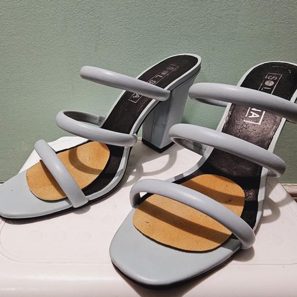 SOL SANA Deon Ice Blue Leather Mules Block High Heel Sandals sz 41 - Picture 5 of 10